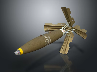 Military Bomb with Brown Body Yellow Tail and Deployed Fins Detailed Metal Structure 3d model