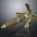 Military Bomb with Brown Body Yellow Tail and Deployed Fins Detailed Metal Structure