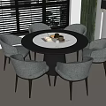 Modern Round Dining Table Set With Gray Chairs And Tableware In Bright Room With Window Blinds 3d model