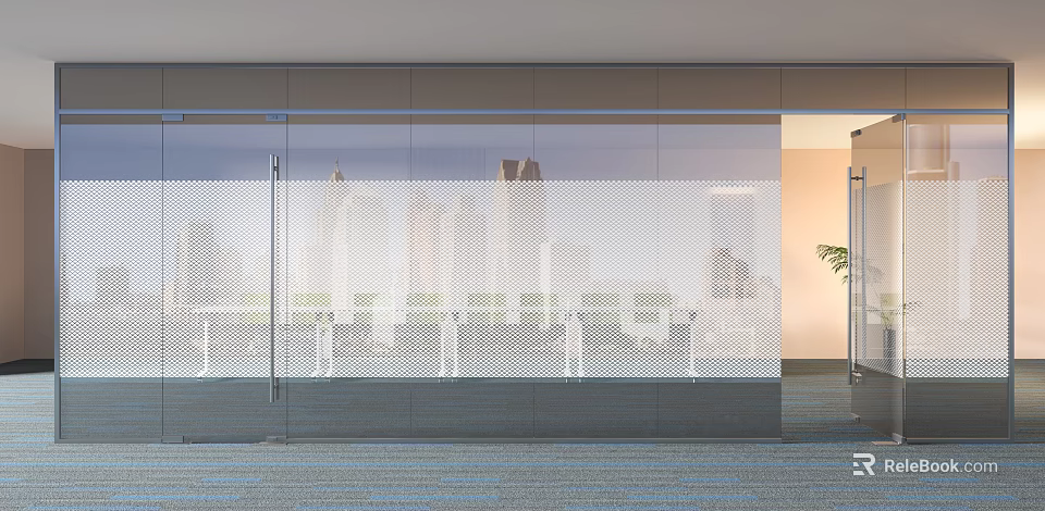 Modern Glass Partition Design For Office Interior With Urban Skyline View 3d model 