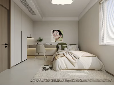 Modern Kids Room Interior With Bed Desk Chair Cabinets Painting Rug And Window Blinds 3d model
