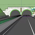 Road Infrastructure With Tunnel Green Forest Street Lamps Guardrails And Vehicles