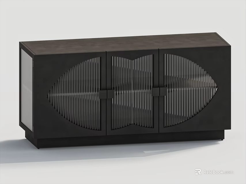 Minimalist Black Sideboard with Vertical Striped Door Design for Modern Dining Room 3d model 