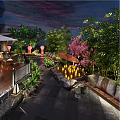 Traditional Chinese Style Garden Landscape With Cozy Lounge Seats Lush Green Plants And Warm Lighting