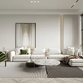 Modern Living Room Interior With White Sofa Green Chair Round Coffee Table And Large Windows