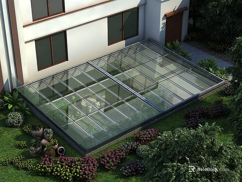 Modern Glass Roof Structure With House Exterior Garden Plants And Greenery 3d model 