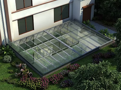 Modern Glass Roof Structure With House Exterior Garden Plants And Greenery 3d model