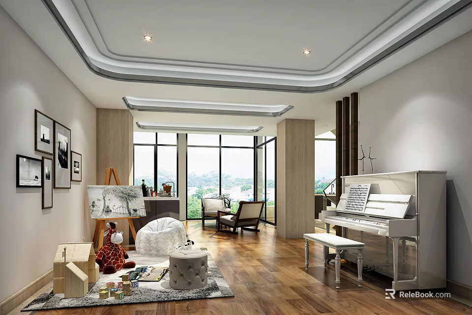 Spacious Entertainment Room Interior With Piano Easel Toys Large Windows And Wooden Flooring 3d model 