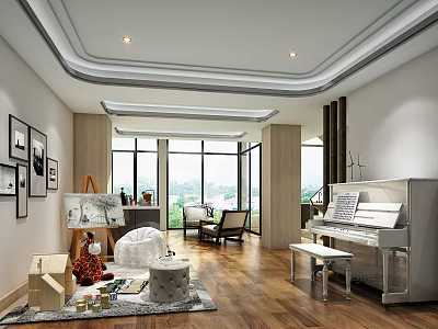 Spacious Entertainment Room Interior With Piano Easel Toys Large Windows And Wooden Flooring 3d model