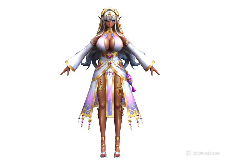 Woman With Golden Headdress Long Hair And Ornate Purple White Outfit In Elegant Fantasy Style 3d model 