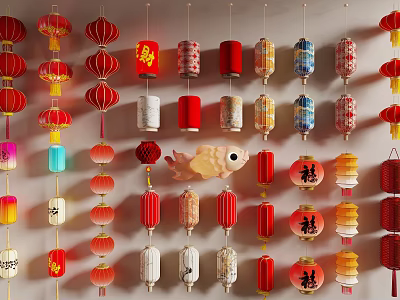 Traditional Chinese Colorful Hanging Lanterns With Various Styles And Lucky Characters 3d model