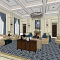 Luxurious Hotel Public Lounge With Elegant Sofas Chandelier Columns And Patterned Carpet 3d model