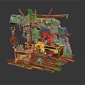 Natural Scenery with Wooden Platform Vines Green Plants Hanging Pots Cart and Red Decorations