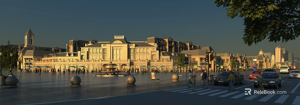 Vibrant Commercial Street Square Featuring Classical Buildings Fountain Street Lamps And Pedestrians 3d model 