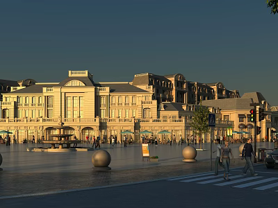 Vibrant Commercial Street Square Featuring Classical Buildings Fountain Street Lamps And Pedestrians 3d model