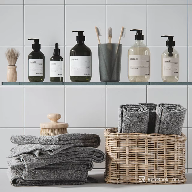 Minimalist Modern Bathroom Accessories With Soap Dispensers Toothbrushes Towels Brushes And Storage Baskets On Shelf 3d model 