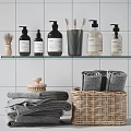 Minimalist Modern Bathroom Accessories With Soap Dispensers Toothbrushes Towels Brushes And Storage Baskets On Shelf