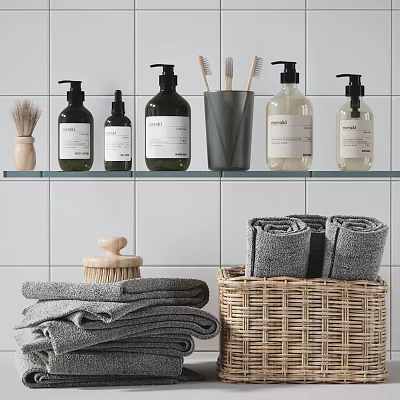 Minimalist Modern Bathroom Accessories With Soap Dispensers Toothbrushes Towels Brushes And Storage Baskets On Shelf 3d model