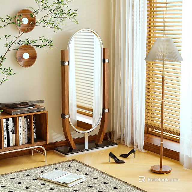 Full Length Mirror With Wooden Frame In Cozy Living Room 3d model 