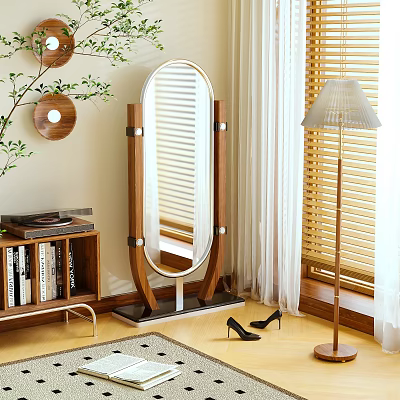 Full Length Mirror With Wooden Frame In Cozy Living Room 3d model