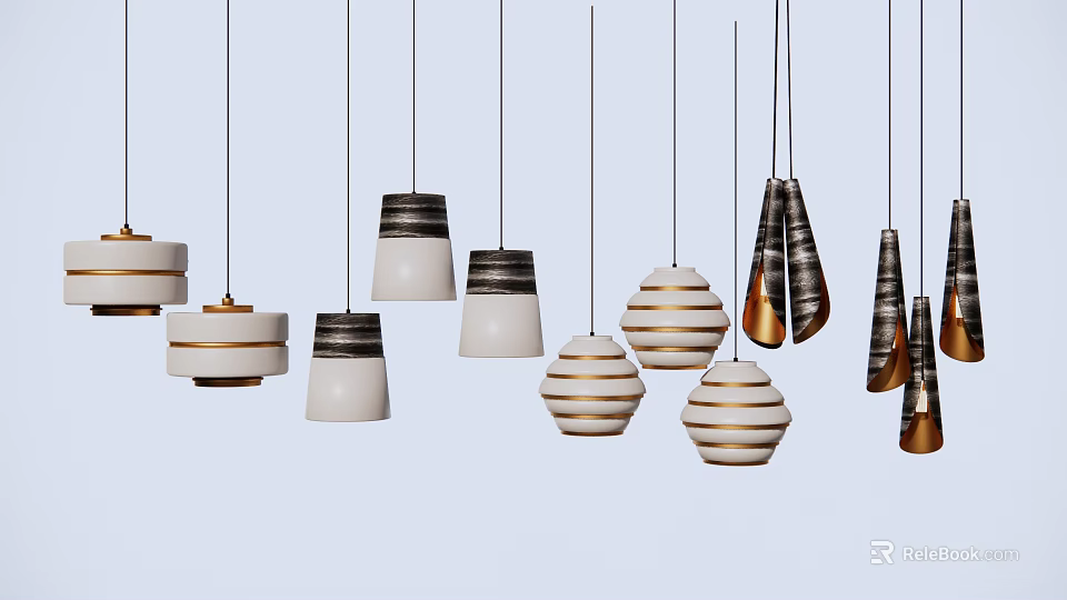 Stylish Pendant Lights with Various Designs Including White Striped Hexagonal and Metallic Styles Hanging 3d model 