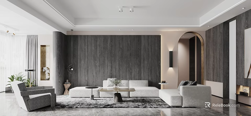 Modern Living Room With Gray Wood Accent Wall And Light Sofas 3d model