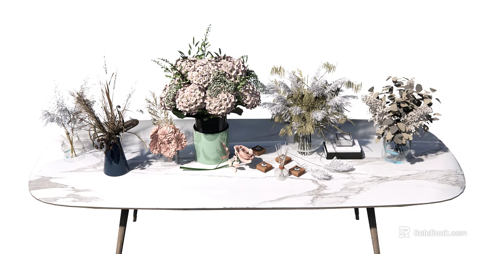 Assorted Decorative Vases With Mixed Dried Fresh Flowers On Marble Tabletop With Small Decor Items 3d model 