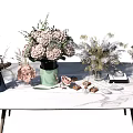 Assorted Decorative Vases With Mixed Dried Fresh Flowers On Marble Tabletop With Small Decor Items