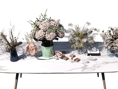 Assorted Decorative Vases With Mixed Dried Fresh Flowers On Marble Tabletop With Small Decor Items 3d model