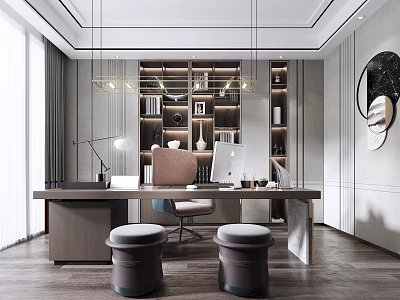 Modern Study Bookcase Chair Round Stool Chandelier Pendant Apple Computer Table Lamp 3d model