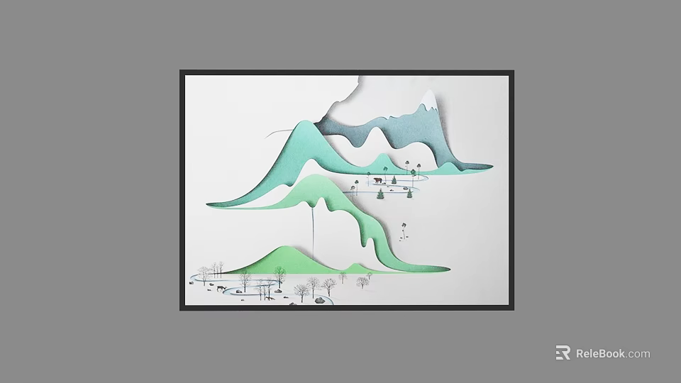 Abstract Painting Paper Art Style With Green Blue Mountain Shapes And Tree Elements Black Frame 3d model 