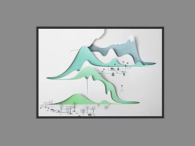 Abstract Painting Paper Art Style With Green Blue Mountain Shapes And Tree Elements Black Frame 3d model