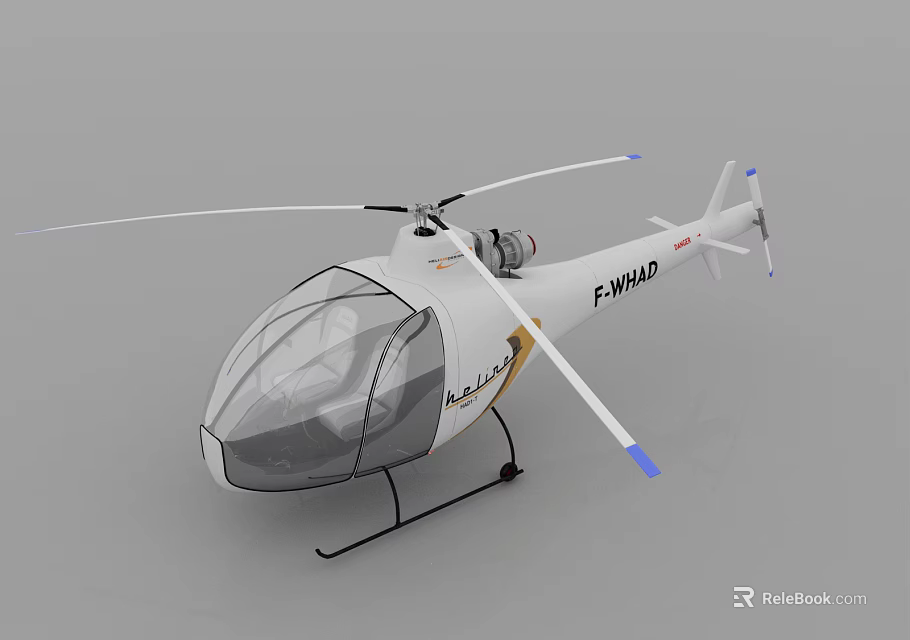 Detailed White Airbus Helicopter With Transparent Cockpit Rotors Black Landing Gear And F-WHUD Marking 3d model 