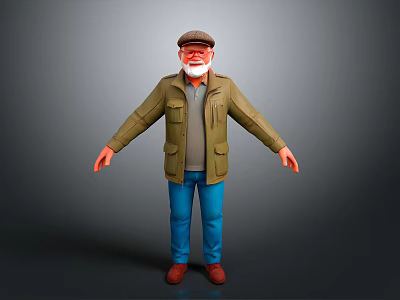 Bearded Man In Cap Green Jacket Gray Shirt Blue Pants Brown Shoes With Arms Outstretched 3d model