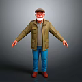 Bearded Man In Cap Green Jacket Gray Shirt Blue Pants Brown Shoes With Arms Outstretched