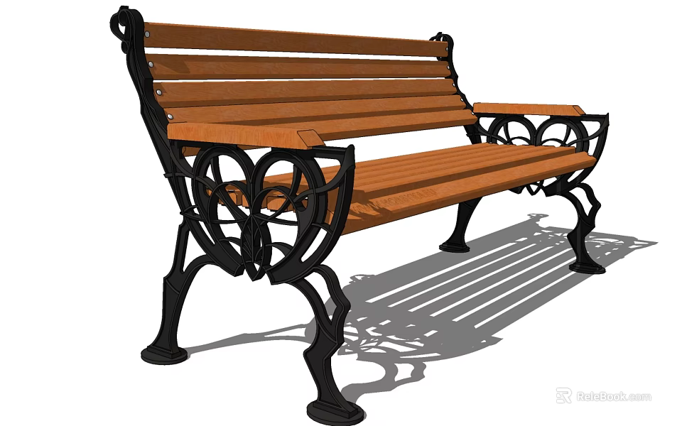 Garden Bench with Wooden Slats and Ornate Black Metal Frame for Outdoor Landscape 3d model 