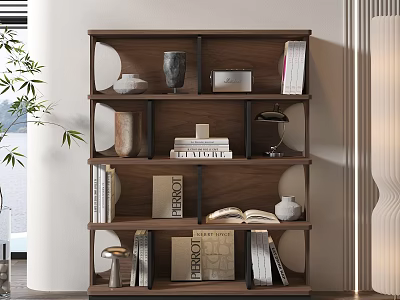 Modern Minimalist Wooden Bookcase With Books Decorative Vases And Table Lamps In Interior Design 3d model
