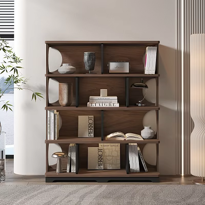 Modern Minimalist Wooden Bookcase With Books Decorative Vases And Table Lamps In Interior Design 3d model
