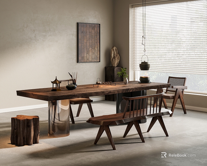 Serene Tea Room Interior With Wooden Long Table Chairs And Decorative Painting 3d model 