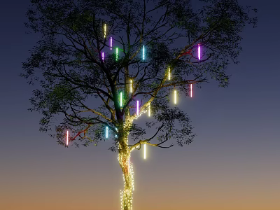 Garden Landscape Featuring Tree With Colorful Hanging Lights And Trunk Wrapped In Illuminations At Dusk 3d model