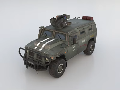 Military Green Armored Functional Vehicle With Roof Equipment And White Stripes 3d model