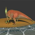 Pink Red Dinosaur with Red Crest Standing on Yellow Surface Near Blue Textured Ground