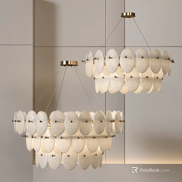 Modern Interior With White Circular Shade Chandeliers And Gold Metal Frames 3d model 