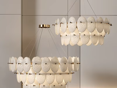 Modern Interior With White Circular Shade Chandeliers And Gold Metal Frames 3d model