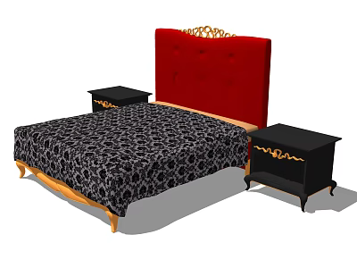 Double Bed with Red Tufted Headboard Black Patterned Bedspread and Black Nightstands with Gold Accents 3d model