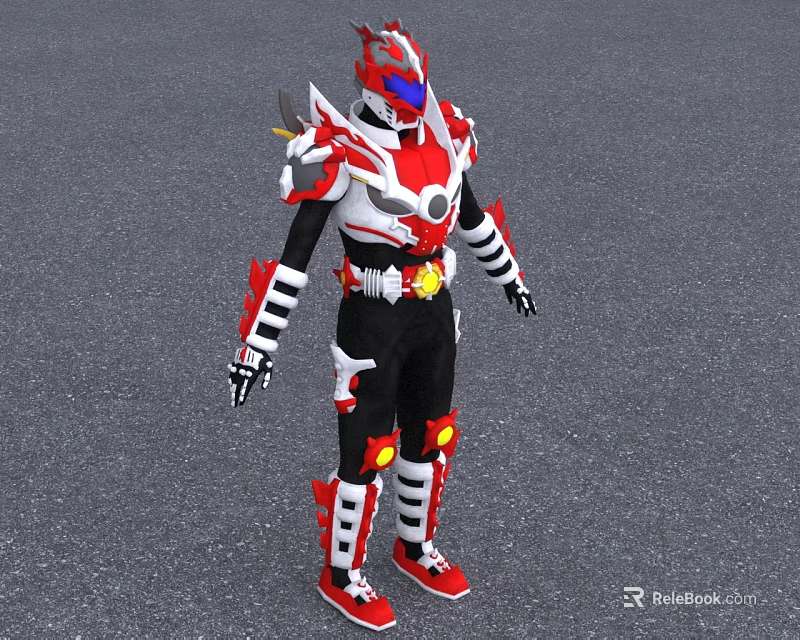Man in Red White Black Armored Suit with Horned Helmet and Warrior Hero Stance 3d model 