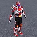 Man in Red White Black Armored Suit with Horned Helmet and Warrior Hero Stance