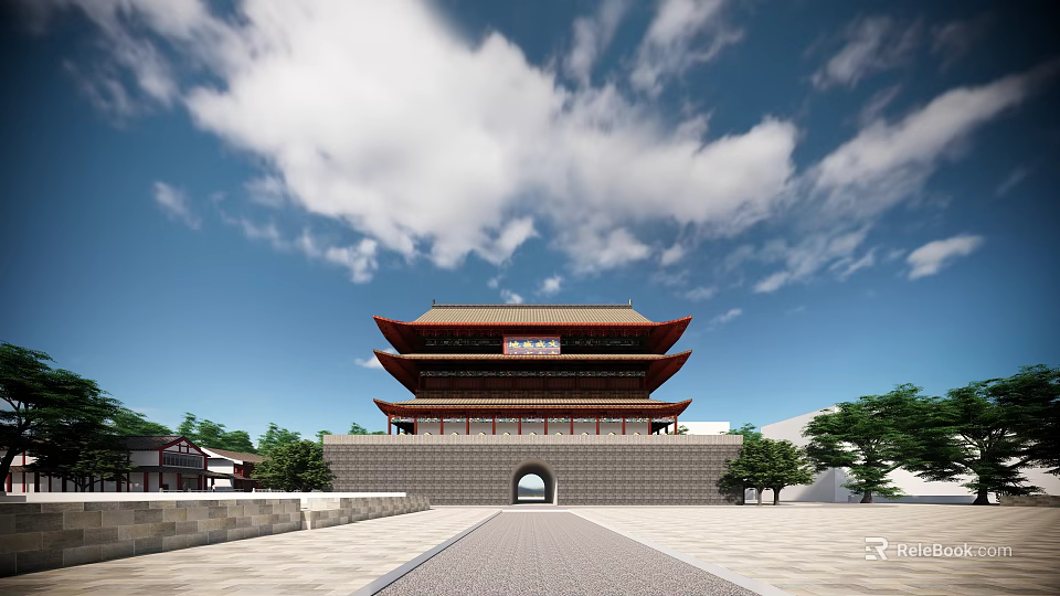 Ancient Chinese Architecture With Multi tiered Roof Red Eaves Yellow Tiles And Stone Archway 3d model 