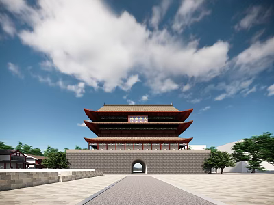 Ancient Chinese Architecture With Multi tiered Roof Red Eaves Yellow Tiles And Stone Archway 3d model