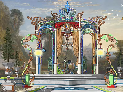Ornate Pergola With Intricate Decorative Top Columns And Hanging Chandelier 3d model